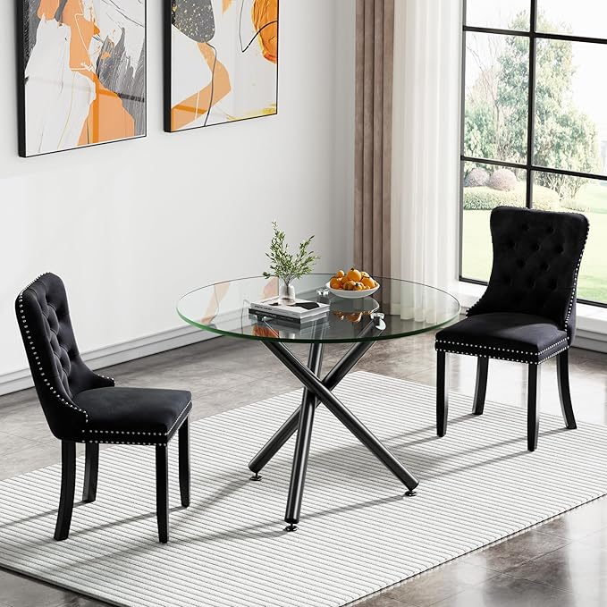 36" Round Glass Dining Room Table for 4 with Tempered Glass Top and Black Metal Tube Legs, Modern Clear Kitchen and Dinner Table for Home Office Dining Room