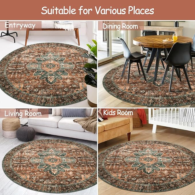 Moynesa Ultra-Thin Washable Round Rug - 5ft Entryway Round Rug Vintage Kitchen Mat, Non-Slip Non-Shedding Stain Resistant Bedroom Carpet for Indoor Living Dining Room Coffee Table Nursery