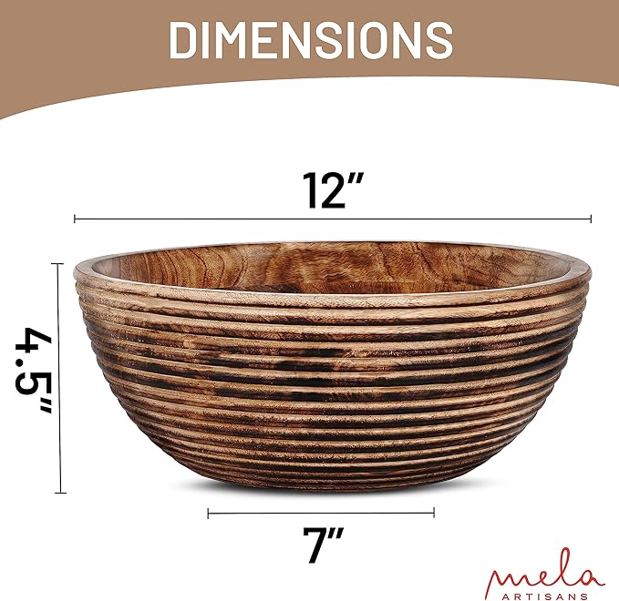 Mela Artisans Wooden Fruit Bowl | Dark Burnt Finish | Large 12” Decorative Mango Wood Serving Bowl | Multipurpose for Kitchen Countertop | Salad | Fruit | Snacks | Breads & More
