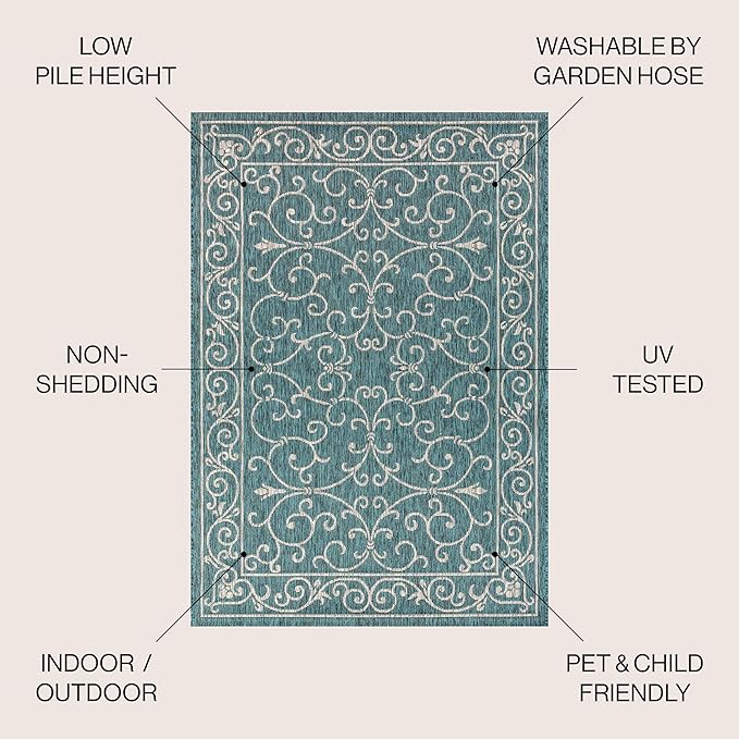 JONATHAN Y SMB106F-8R Charleston Vintage Filigree Textured Weave Teal/Gray 8' Round Indoor/Outdoor Area Rug, Pet Friendly, Non-Shedding, Stain Resistant, Easy-Cleaning for Backyard, Patio, Porch
