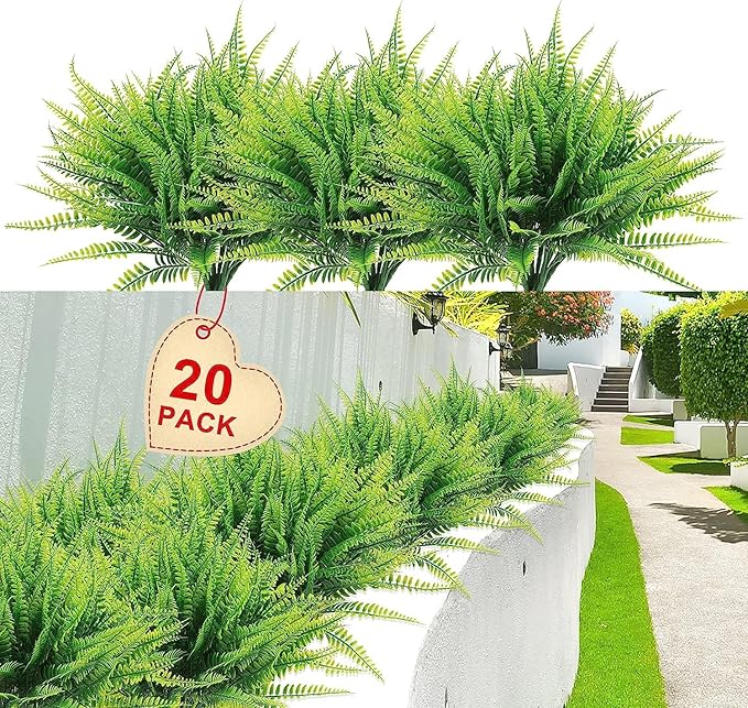 20 Bundles Artificial Boston Fern Plants – Lifelike UV Resistant Fake Plants for Outdoor & Indoor, Faux Greenery Stems for Garden, Porch, Patio, Yard, Home, Office Decor