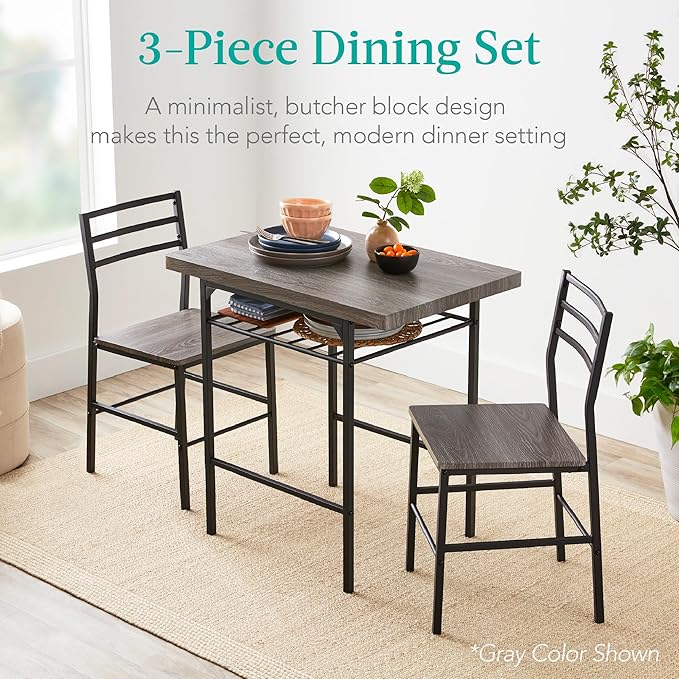 Best Choice Products 3-Piece Modern Dining Set, Space Saving Dinette for Kitchen, Dining Room, Small Space w/Steel Frame, Built-in Storage Rack - Natural/White