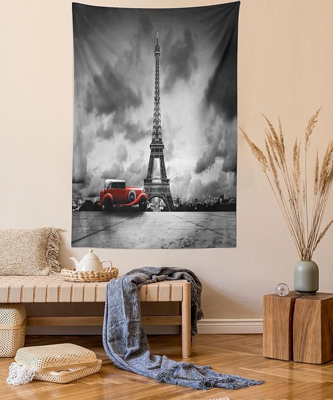 Ambesonne Eiffel Tower Tapestry, Image of Eiffel Tower Paris France Vintage Car Street Dark Clouds, Fabric Wall Hanging Decor for Bedroom Living Room Dorm, 30" X 45", Black Red