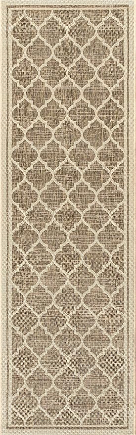 Eyely BMS109A-214 Santa Monica Trebol Moroccan Trellis Textured Weave, Pet Friendly, Non-Shedding, Stain Resistant, Easy-Cleaning, Brown/Beige, 2 ft. x 14 ft., Indoor/Outdoor, Runner Rug
