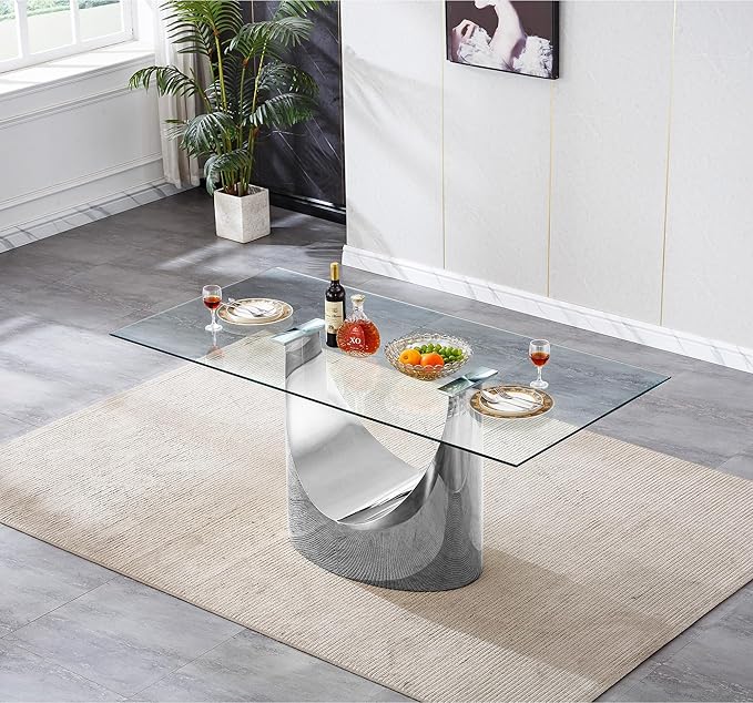 HomVent Modern Rectangle Glass Dining Table, 70''L x 35.4''W x 30''H, Silver With U Base, Clear Tempered Glass Top, Stainless Steel Base