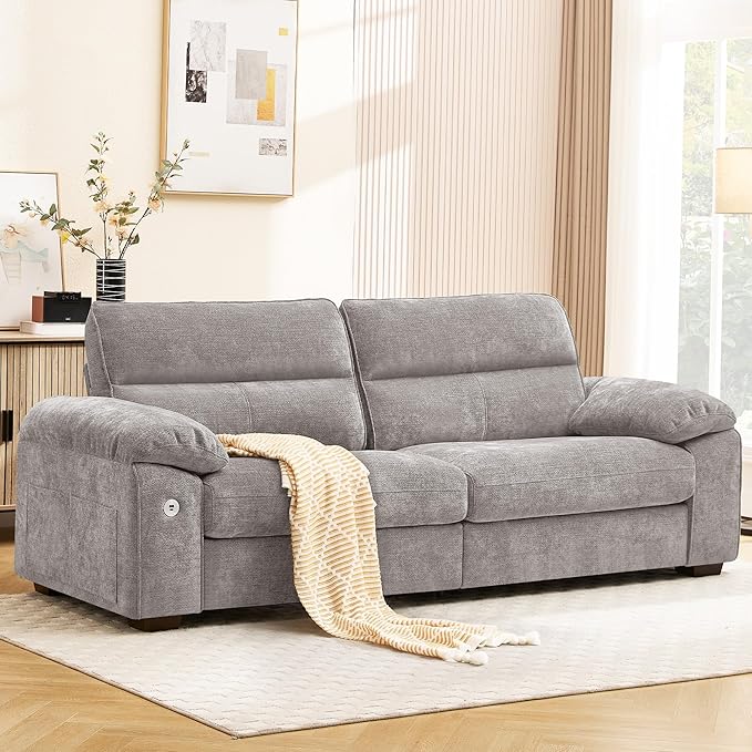 Ihanherry 90" Modern Sofa for Living Room, Deep Seat Chenille Couch with Fast Charging Port & Removable Washable Cushions, Pillow-Armrest Loveseat for Small Space/Apartment, Sturdy Frame, Grey