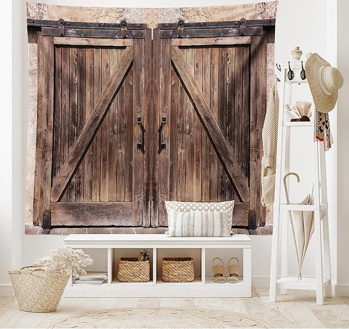 Ambesonne Rustic Tapestry, Wooden Barn Door in Stone Farmhouse Image Vintage Desgin Rural Art Architecture Print, Fabric Wall Hanging Decor for Bedroom Living Room Dorm, 45" X 30", Cream Brown