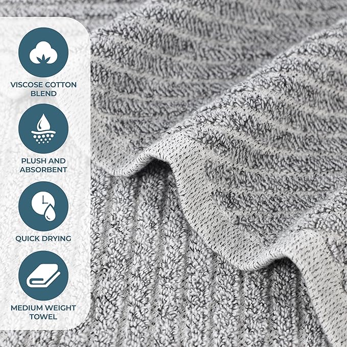 Superior Amelia Viscose Cotton Blend Medium Weight Towels, for Bathroom, Shower, Spa, Plush, Quick Dry, Ultra-Soft Towels, Bath Essentials, Ribbed Design, 6 Piece Assorted Towel Set, Charcoal
