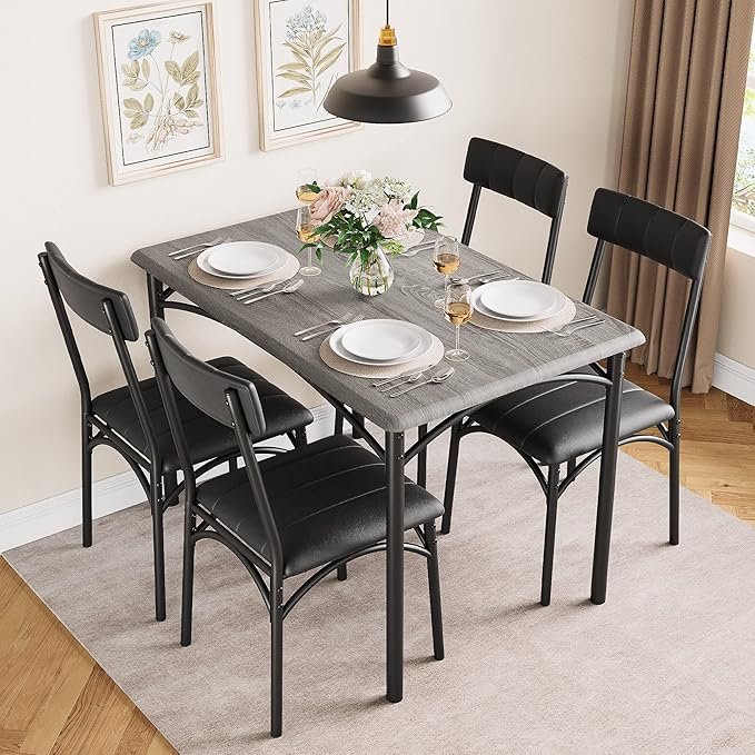 Kitchen Table and Chairs for 4, Dining Table Set for 4 with Upholstered Chairs, 5 Piece Rectangular Kitchen Table Set, Dining Room Table Set for Small Space, Apartment, Rustic Gray