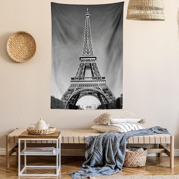 Ambesonne Eiffel Tower Tapestry, Paris Landmark Monochrome Picture of Cityscape European Urban Famous Place Image, Fabric Wall Hanging Decor for Bedroom Living Room Dorm, 23" X 28", Grey