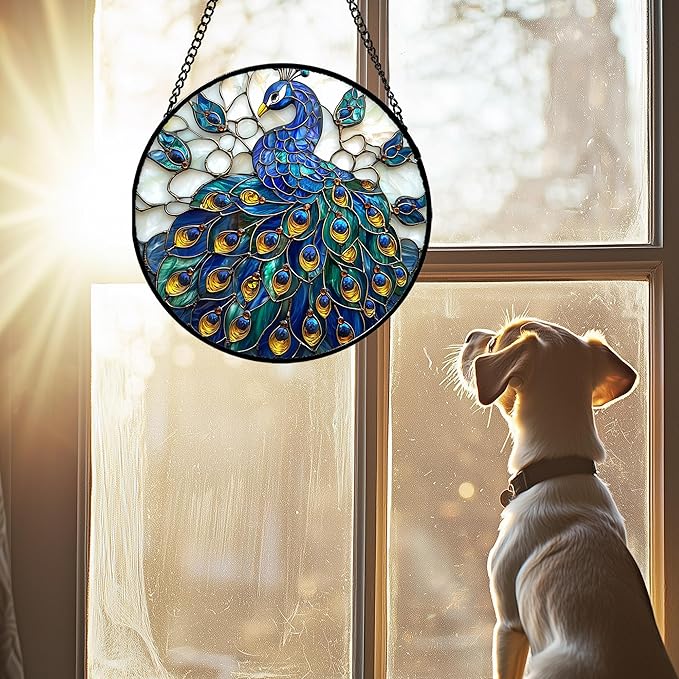 Stained Glass Window Hanging - Peacock Blue Gold Feathers Sun Catcher for Door Garden Home Decor Bird Suncatcher Christmas Mother's Day Birthday Gifts for Women Men Mom Nana 7.8 in