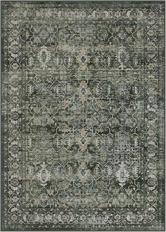 Lahome Washable Area Rugs 5x7 Green Rugs for Living Room,Boho Rug for Bedroom,Dining Room Carpet for Under Table, Distressed Non Slip Low Pile Carpet for Indoor Home Office Nursery(5'x7',Green)