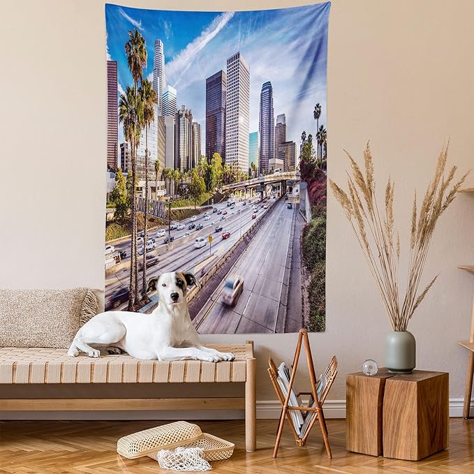 Ambesonne Travel Tapestry, Downtown Cityscape of Los Angeles California USA Avenue Buildings Palms Print, Fabric Wall Hanging Decor for Bedroom Living Room Dorm, 23" X 28", Blue Grey Green