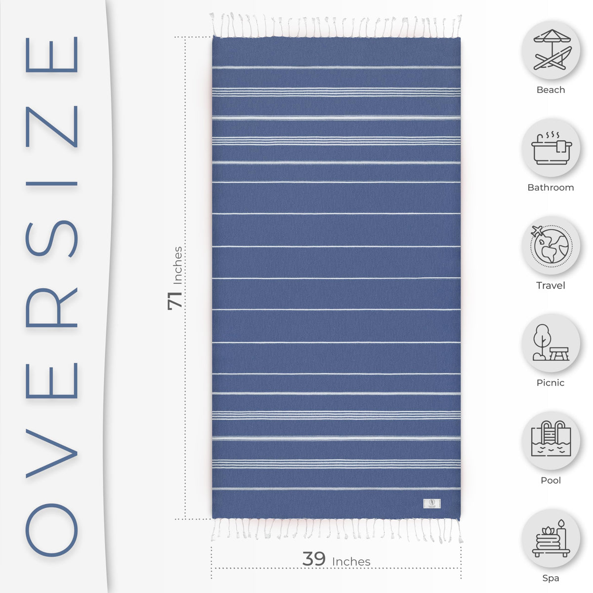 Ossano Turkish Beach Towel Compact & Soft Extra Large (39" x 71") - Quick Dry, Versatile and Functional as Yoga Mat, Picnic and Travel Blanket, Bath Towels/Vacation Essential - Indigo Blue