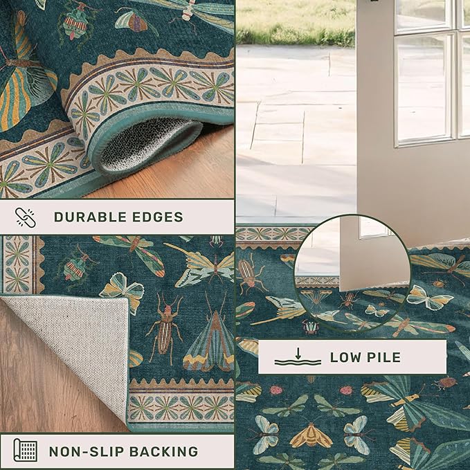 Brown and Green Kitchen Sink Runner Rug 2x5 - Teal Boho Bathroom Rugs for Entrance Indoor, Insect Print Floral Vintage Unique, Washable Non Skid Stain Resistant