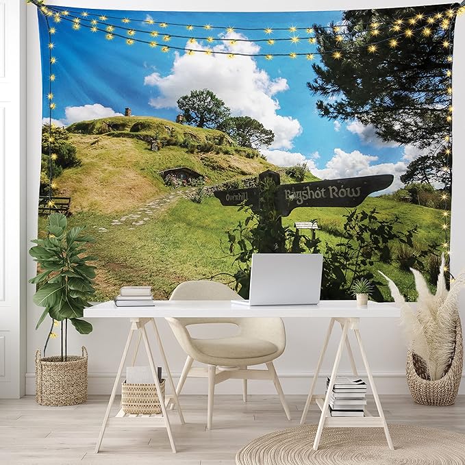 Ambesonne Hobbits Tapestry, Overhill Hobbit Village in Matamata New Zealand Fantasy Scene House Image Print, Fabric Wall Hanging Decor for Bedroom Living Room Dorm, 28" X 23", Green Blue