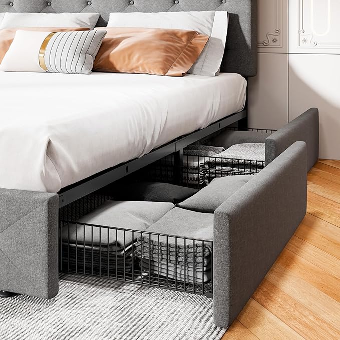 MUTICOR Queen Size Bed Frame with 4 Storage Drawers, Upholstered Platform Bed with Button Tufted Adjustable Headboard, No Box Spring Needed, Easy Assembly, Diamond Tufted, Light Grey Fabric