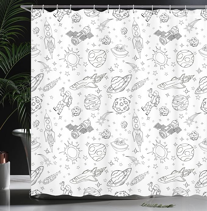 Ambesonne Cartoon Shower Curtain, Doodle Solar System Astronauts Space Crafts Shooting Stars Science Fiction Theme, Cloth Fabric Bathroom Decor Set with Hooks, 69" W x 75" L, White Ink
