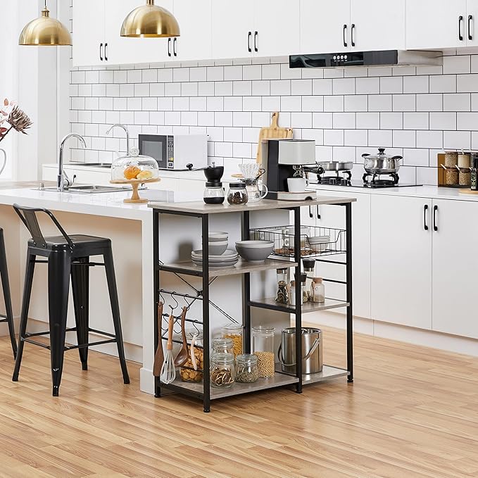Yaheetech Kitchen Bakers Rack with Wire Basket, Coffee Bar Table Station Microwave Oven Stand Kitchen Utility Storage Shelf with 6 S-Shaped Side Hooks, Metal Frame, 15''D x 35.5''W x 33''H, Gray