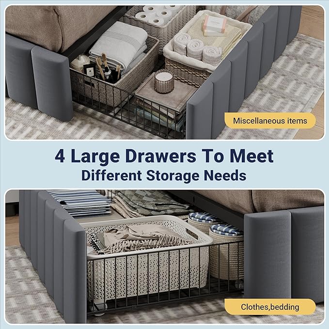 Allewie Full Size Platform Bed Frame with 4 Large Storage Drawers, Velvet Vertical Channel Tufted Upholstered Bed Base, Wooden Slats Support, Noise-Free, No Box Spring Needed, Easy Assembly, Grey