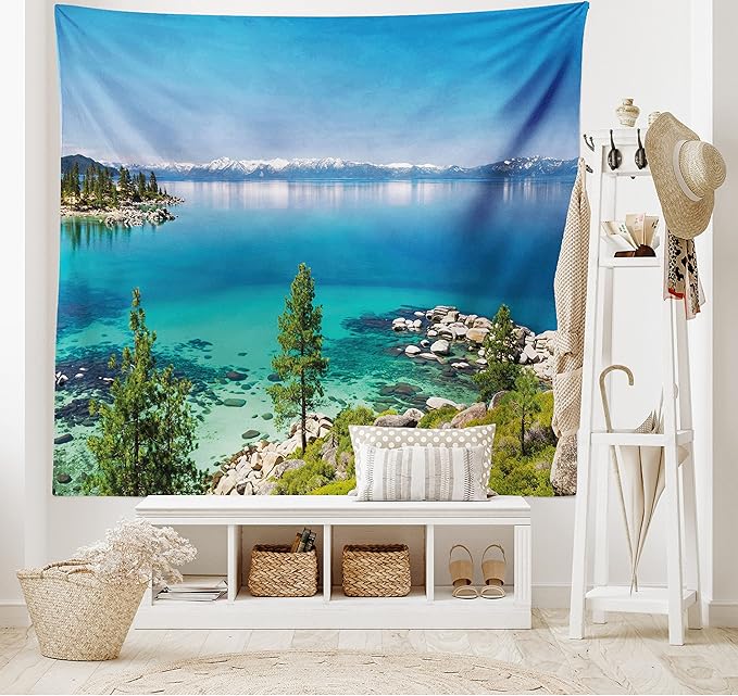 Ambesonne Blue Tapestry King Size, Tranquil View of Lake Tahoe Sierra Pines on Rocks with Turquoise Waters Shoreline, Wall Hanging Bedspread Bed Cover Wall Decor, 104" X 88", Blue Grey Green