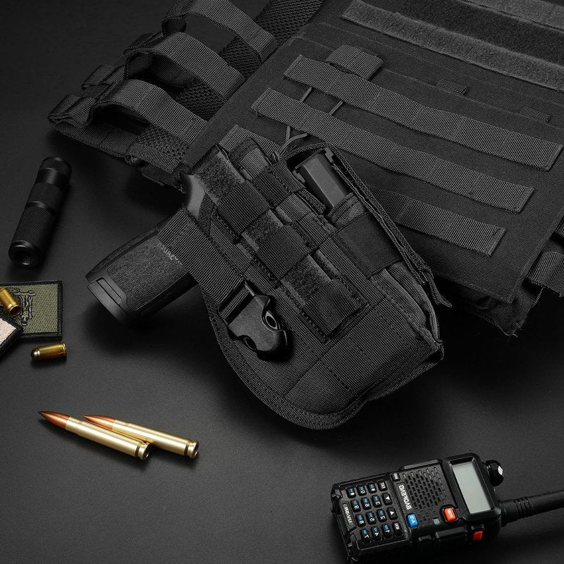 Tactical Molle Belt Gun Holster, Universal Adjustable Pistol Holsters with Mag Pouch Fits S&W M&P Shield M1911 Glock 17 26 42 (Black - Right Hand)
