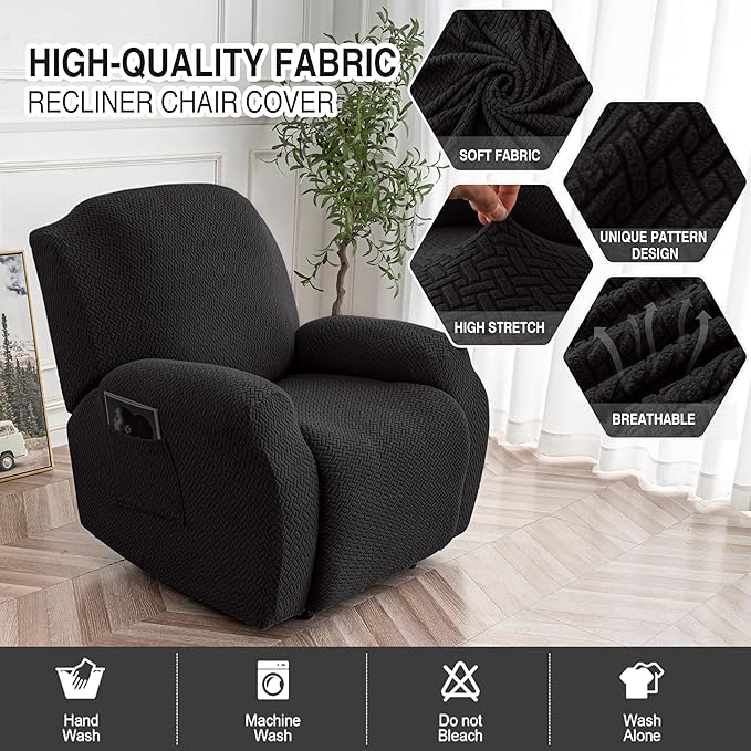 Genina Recliner Chair Cover, Stretch Reclining Chair Covers, Recliner Sofa Slipcovers Stripe Jacquard Lazy Couch Covers Furniture Protector Covers for Pet Kid (Black, 1 Seat)