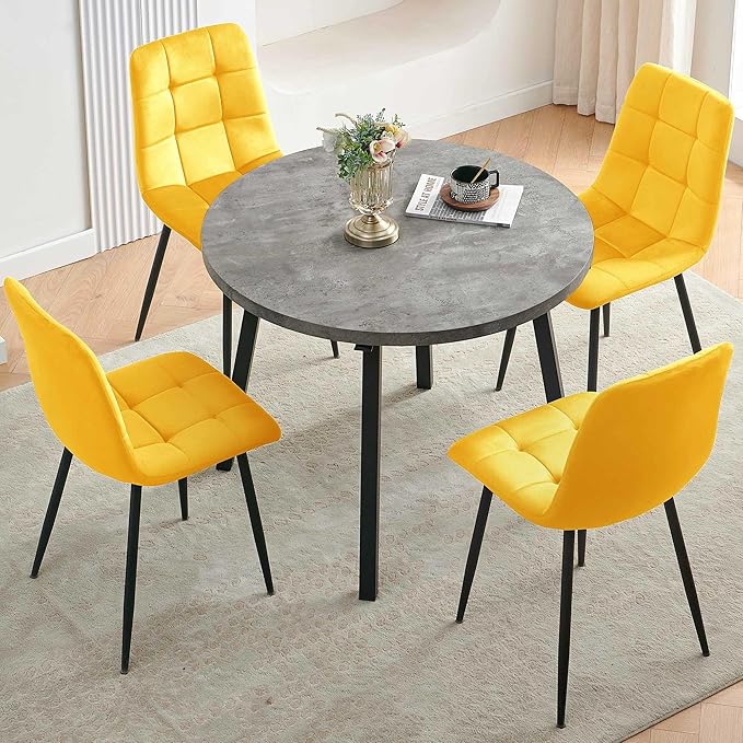 Modern Kitchen Table Set with 4 Chairs, Grey Faux Wood Table with Hooks, Upholstered Velvet Yellow Dining Chairs for Restaurant, Dining Room
