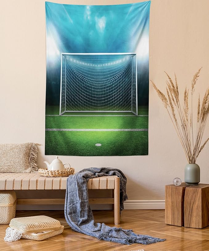 Ambesonne Soccer Tapestry Queen Size, Soccer Goal Post Sports Area Winner Loser Line Floodlit Best Team Finals Game Theme, Wall Hanging Bedspread Bed Cover Wall Decor, Queen Size, Green and Blue