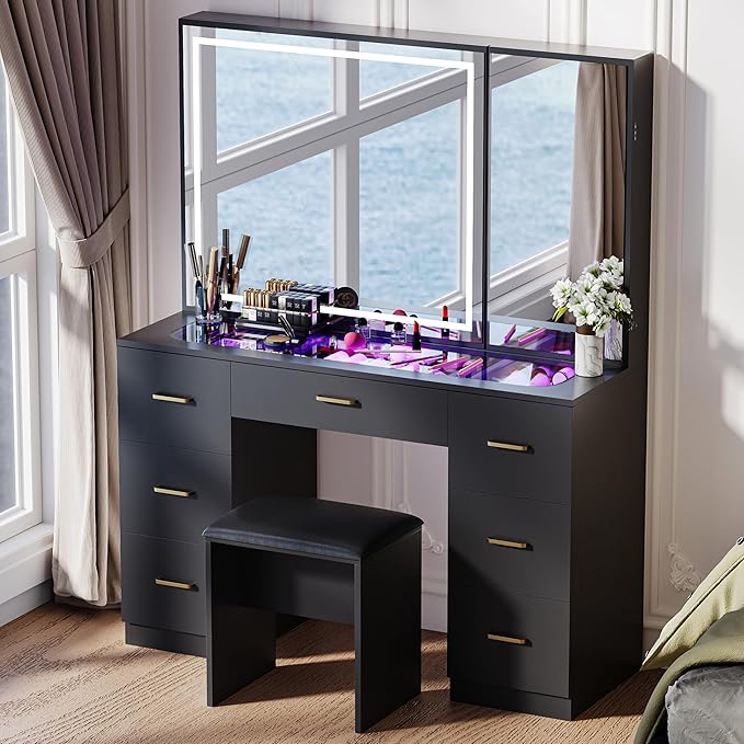 Glass Top Makeup Vanity Desk with Large Mirror and LED Lights,Vanity Stool&Storage Bench,Black Vanity with Hidden Storage Mirror Cabinet&7 Drawers,Makeup Organizer Countertop for Room