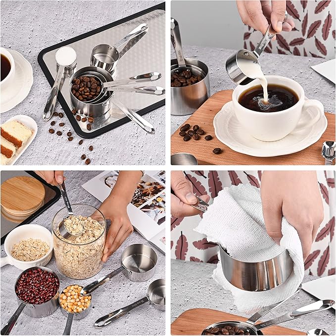 Nstezrne Stainless Steel Measuring Cups and Spoons Set of 12, 5 Dry Measuring Cups and 6 Measuring Spoons With Leveler for Kitchen