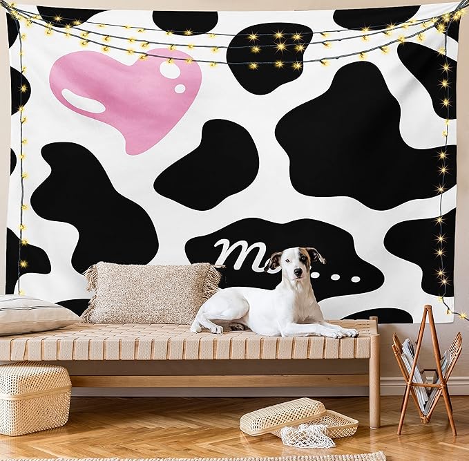 Ambesonne Cow Print Tapestry Queen Size, Camouflage Hide Skin Pattern in Pastel Color Shades Heart Shape Moo, Wall Hanging Bedspread Bed Cover Wall Decor, Queen Size, Pink Black White