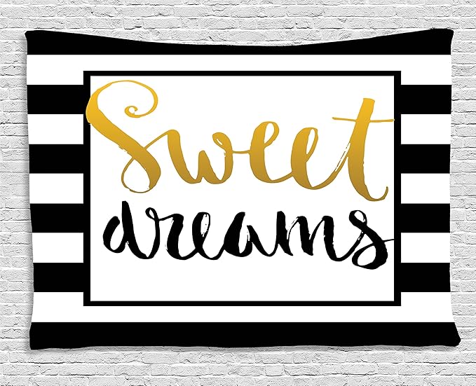 Ambesonne Saying Tapestry, Vintage Hand Drawn Lettering Design with Monochrome Stripes Background, Wide Wall Hanging for Bedroom Living Room Dorm, 80" X 60", Yellow Black White