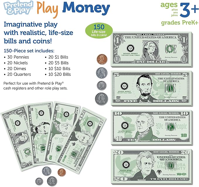 Learning Resources Pretend Play Money - Math Manipulatives for Kids, Kids Bank, Plastic Coins, Cash Register, Toddler , Homeschool Supplies, Fine Motor Skills, Teaching Set Manipulatives