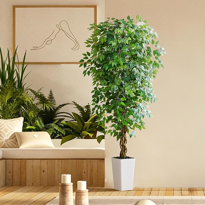 Artificial Ficus Tree 7FT Faux Floor Tree with Planter UV Resistant Potted Fake Silk Plant - Faux Trees Indoor Outdoor Lifelike Fake Ficus Tree for Home, Living Room Bedroom Topiary Tree