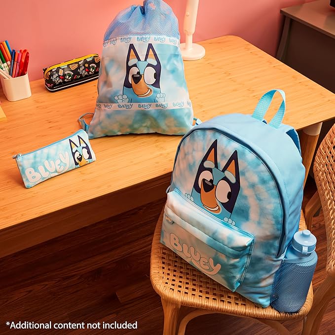 Bluey Backpack Set 4 Pcs with Water Bottle Pencil Case Modern Lunch Bag or Sports Gym Drawstring Bag Gifts for Kids Tie Dye
