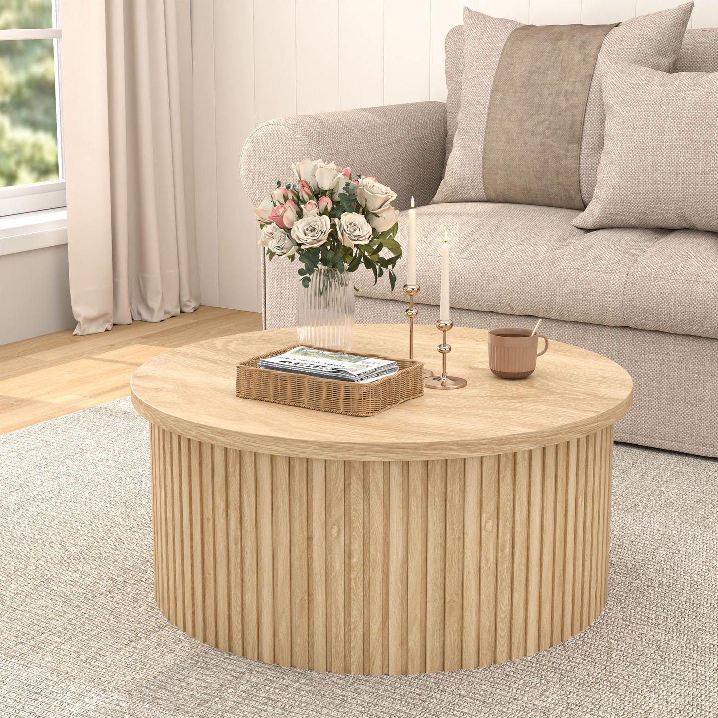 Fsbecl Lift Top Coffee Table with Storage, Round Coffee Tables for Living Room, 34.6'' Farmhouse Fluted Coffee Table, Wood Center Table with Large Hiddern Storage Compartment (Wood Color)