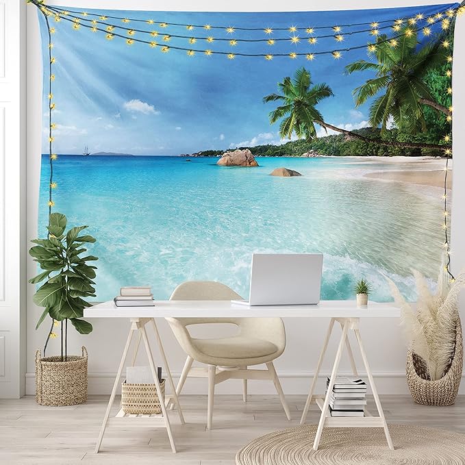 Ambesonne Ocean Tapestry King Size, Anse Lazio Beach at Praslin Island Surfing Beach Scenic View Travel, Wall Hanging Bedspread Bed Cover Wall Decor, 104" X 88", Blue and Turquoise