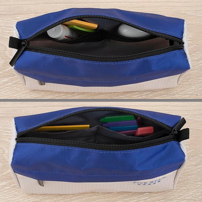 Five Star Pencil Pouch 9-Pocket Zipper Storage Organizer Case for Office Supplies Earbuds Chargers Cables Makeup, Tan/Blue (505600C)