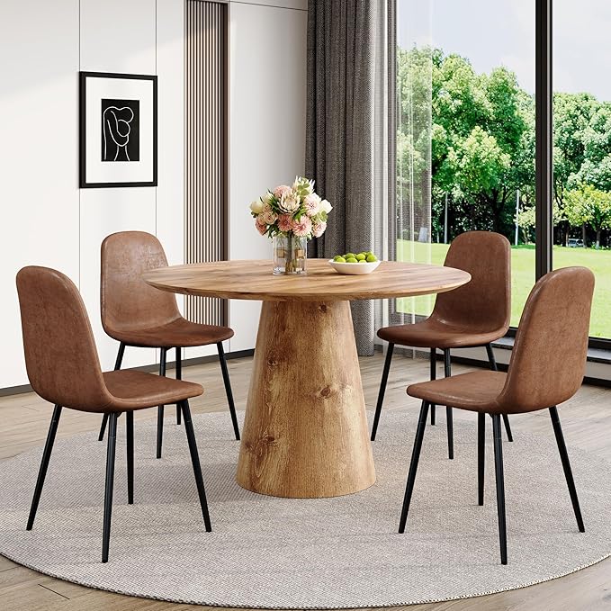 Round Dining Table Set for 4,45'' Wood Dining Room Table Set for 4 with Suede Chairs,Farmhouse Pedestal Dining Table Set for Dining Room,Apartment Easy Assembly