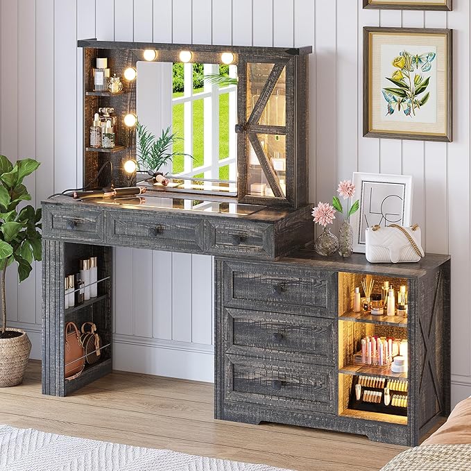 Makeup Vanity Desk Set with Mirror and Lights, Farmhouse Vanity Table with 6 Drawers/Large Storage, Brown Dressing Table 3 Colors Adjustable Lighting Brightness & Charging Station for Women