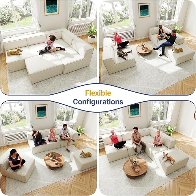 97"+57" 5-Piece Modular Sectional Sofa Convertible Cube Thick Couch 2 3 4 Seat Set, L-Shape, No Assembly for Living Room (3xArmless+1xCorner+1xOttoman) Fabric Chenille Beige White