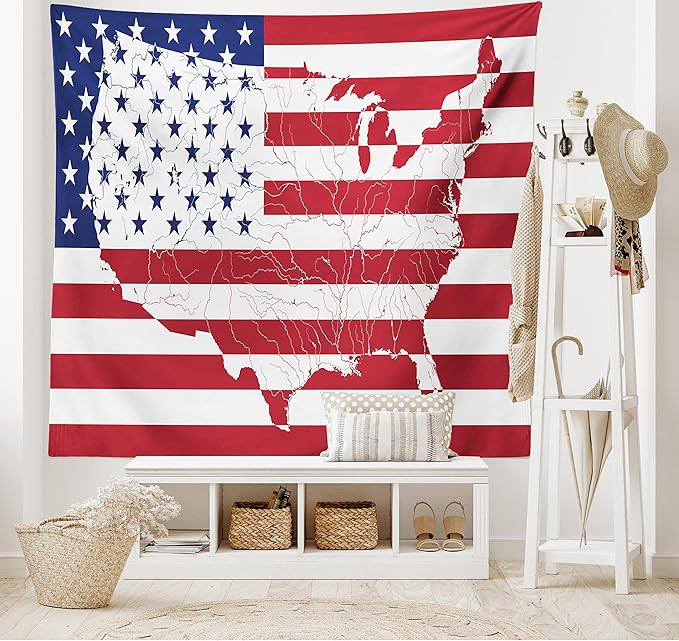 Ambesonne American Flag Tapestry, America Continent Shaped Flag Martial Design International World Glory Print, Wide Wall Hanging for Bedroom Living Room Dorm, 60" X 40", Indigo Red
