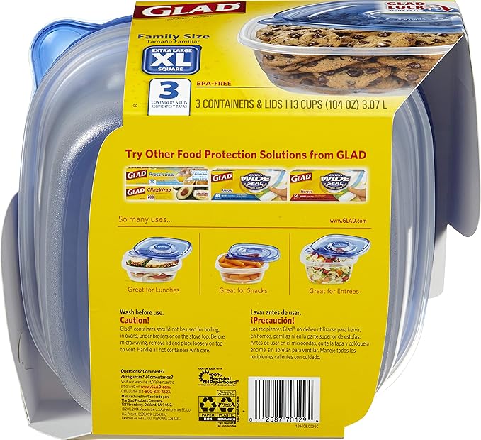 Glad GladWare XL Square Food Storage Containers with Lock Tight Lids, Family Size No BPA Plastic Containers for Leftovers and Meal Prep, Reusable Dishwasher Safe, 104 Oz, 3 Count - 3 Pack