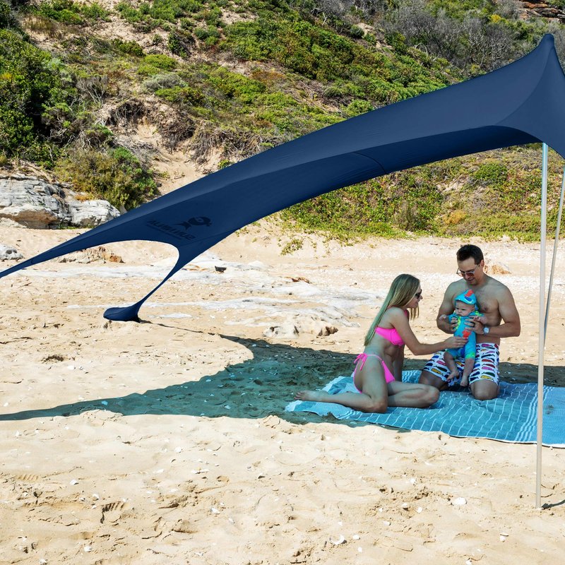 SUN NINJA Pop Up Beach Tent Sun Shelter UPF50+ with Sand Shovel, Ground Pegs and Stability Poles, Outdoor Shade for Camping Trips, Fishing, Backyard Fun or Picnics (10x10 FT 2 Pole, Navy)