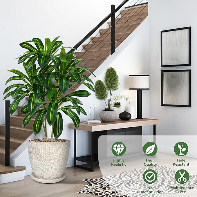 2 Pack Artificial Dracaena Plant Indoor 4FT Fake Tree Tall Floor Plants with White Planter, Artificial Yucca Tree for Home Office Living Room Bedroom Farmhouse Outdoor Topiary Tree