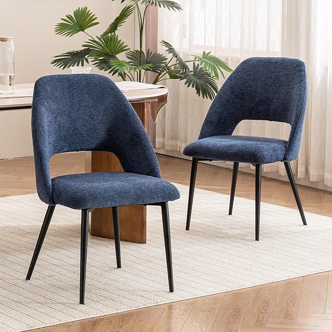 Rowill Boucle Dining Chairs Set of 4, Morden Upholstered Dining Room Kitchen Chairs with Metal Legs for Living Room, Bedroom, Restaurant, Blue