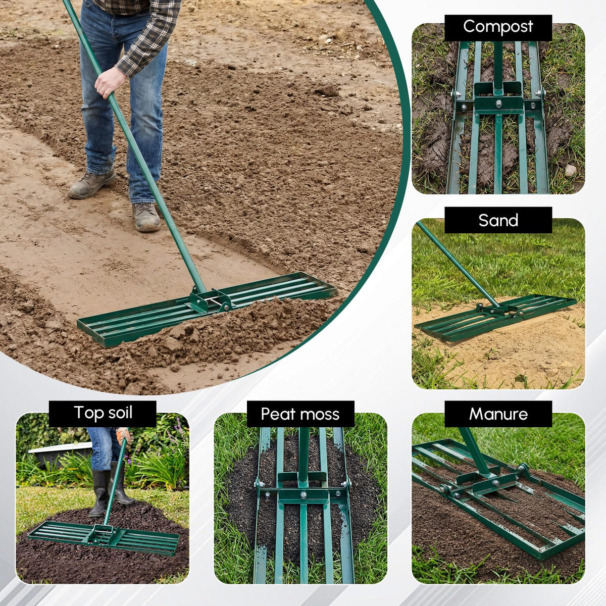 Gisafai Lawn Leveling Rake 30"x10" Heavy Duty Carbon Steel, 72" Adjustable Long Handle, Leveler Tool for Yard Garden Golf Course Soil Dirt Ground Surface Leveling
