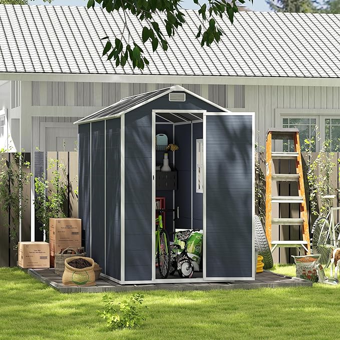4' x 8' Resin Storage Shed Outdoor, PP Material & Strong Structure for All Weather, Plastic Garden Shed w/Window for Garden, Backyard, Poolside and Lawn, 15mm Thick PP Board - Dark Grey
