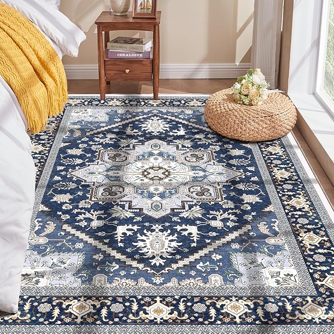 OPPODREAM Thin Area Rugs 4x6, Low-Pile Washable Rugs 4x6 with Non Slip Backing, Faux Cashmere 4 x 6 Throw Carpet, Navy Blue & Gold